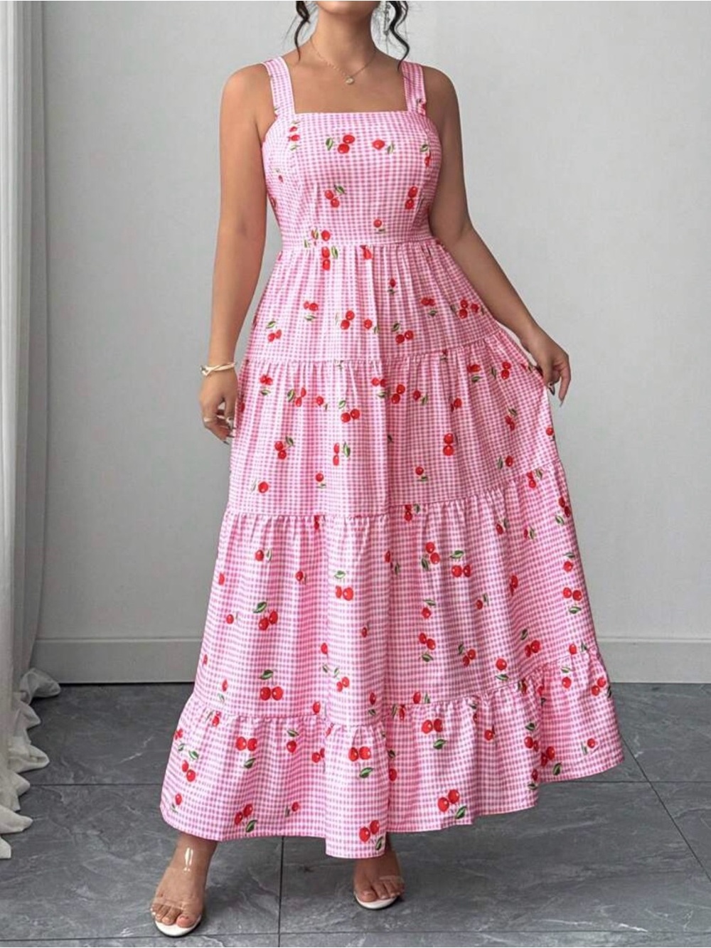 SHEIN Pink Gingham Cherry Tiered Maxi Dress with Square Neck